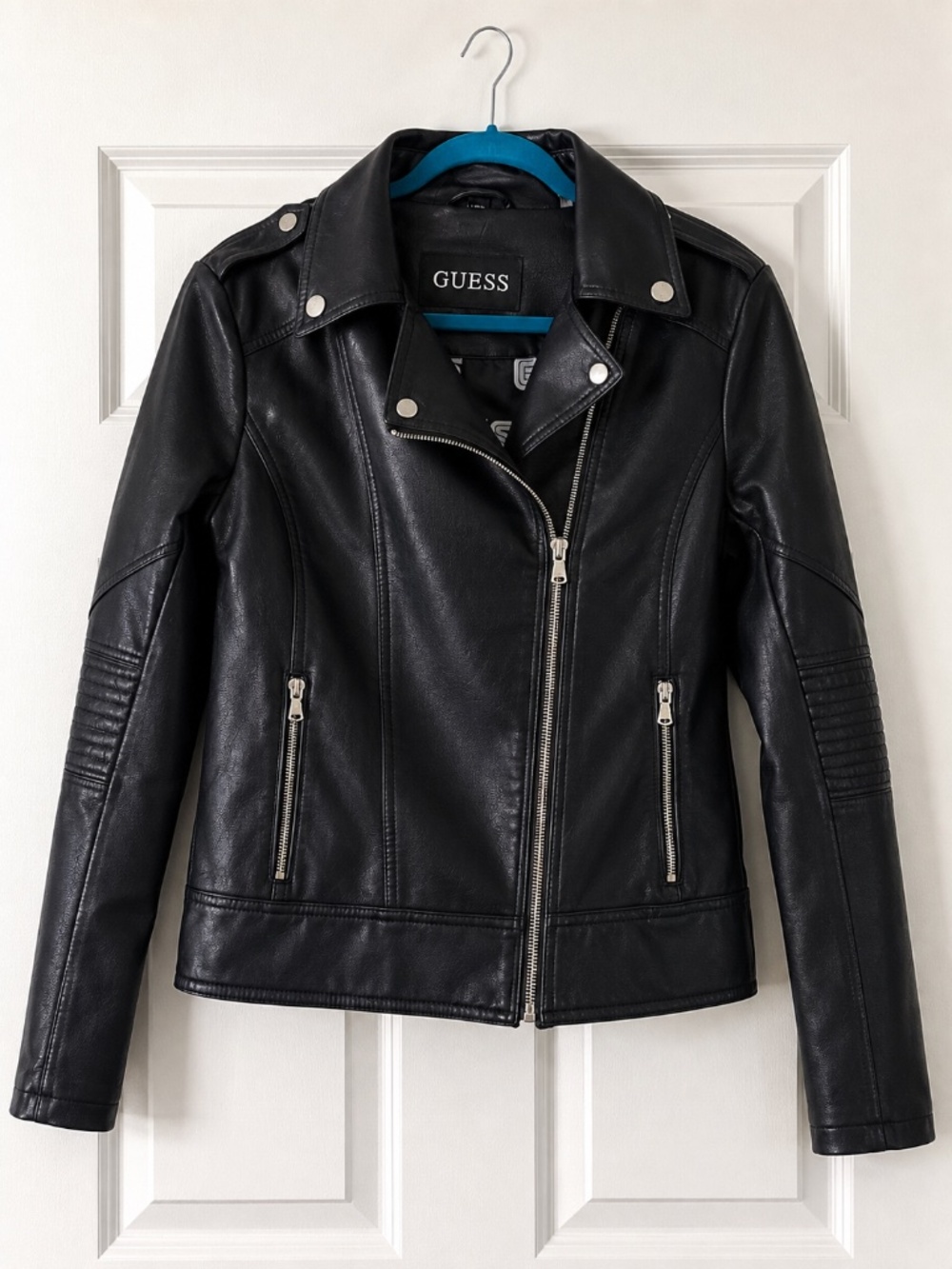 GUESS Black Faux Leather Moto Jacket Silver Zip Women’s L